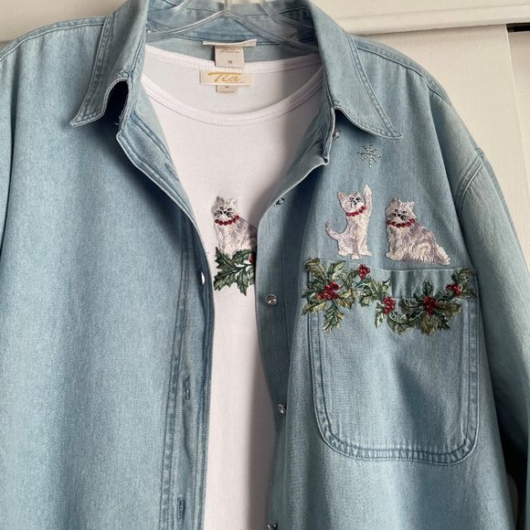 VTG Plus Size Tia Designs Holiday Top/Denim Blouse SET Beaded Embroidered Cat 1X - Picture 4 of 15